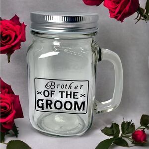 NWT Wool + Pepper Co. BROTHER OF THE GROOM Glass Mason Jar Cup with Handle